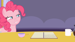 Size: 1920x1080 | Tagged: safe, artist:agrol, pinkie pie, earth pony, pony, tales of adventurers, g4, coffee, coffee mug, coffee pot, cup, female, grin, lidded eyes, mare, mug, notebook, pencil, smiling, smug, solo, table, teacup