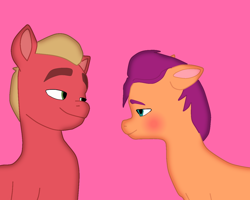 Size: 1250x1000 | Tagged: safe, artist:sproutscoutotp, sprout cloverleaf, sunny starscout, earth pony, pony, g5, my little pony: a new generation, bedroom eyes, blonde mane, blushing, couple, female, looking at each other, looking at someone, male, mare, orange coat, purple mane, red coat, ship:sunnyclover, shipping, simple background, smiling, smiling at each other, stallion, straight