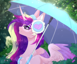 Size: 2598x2160 | Tagged: safe, artist:elektra-gertly, princess cadance, alicorn, pony, g4, chest fluff, colored wings, ear fluff, earmuffs, female, glowing, glowing horn, high res, horn, looking up, mare, multicolored wings, open mouth, open smile, rain, smiling, solo, umbrella, wings