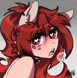 Size: 2480x2507 | Tagged: safe, artist:charlot, oc, oc only, oc:penta, earth pony, pony, ahegao, anime, commission, ear piercing, freckles, heart, heart eyes, high res, jewelry, necklace, open mouth, piercing, retrowave, solo, stylized, tongue out, wingding eyes, ych result
