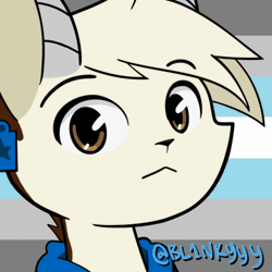 Size: 500x500 | Tagged: safe, artist:bl1nky, oc, oc only, oc:hazel bloons, goat, animated, brown eyes, bust, clothes, commission, demiboy pride flag, ear tag, eyebrows, eyes closed, eyes open, gif, hoodie, horns, looking at you, male, portrait, pride, pride flag, solo, talking, white fur, ych result