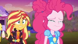 Size: 1920x1080 | Tagged: safe, screencap, pinkie pie, sunset shimmer, human, equestria girls, equestria girls specials, g4, my little pony equestria girls: better together, my little pony equestria girls: sunset's backstage pass, background human, clothes, crying, duo focus, sad, wavy mouth