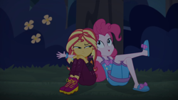 Size: 1920x1080 | Tagged: safe, screencap, pinkie pie, sunset shimmer, human, equestria girls, equestria girls specials, g4, my little pony equestria girls: better together, my little pony equestria girls: sunset's backstage pass, bare shoulders, clothes, nightgown, shorts, sleeveless, slippers, sunset shimmer is not amused, unamused, wristband