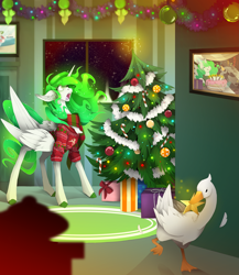 Size: 2605x3000 | Tagged: safe, artist:taiga-blackfield, oc, oc only, oc:eos, oc:malice, alicorn, bird, goose, pony, alicorn oc, candy, candy cane, christmas, christmas ornament, christmas tree, clothes, crossover, decoration, ears back, food, high res, holiday, horn, mouth hold, ornament, present, stealing, sweater, tree, untitled goose game, window, wings