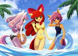 Size: 1392x1000 | Tagged: safe, artist:howxu, apple bloom, scootaloo, sweetie belle, earth pony, pegasus, unicorn, anthro, adult, apple bloom's bow, ass, ball, beach, beach ball, belly button, bikini, bikini bottom, bikini top, bow, breasts, butt, clothes, cutie mark crusaders, delicious flat chest, female, floatie, hair bow, heart, heart eyes, inner tube, legs in the water, misleading thumbnail, older, older apple bloom, older cmc, older scootaloo, older sweetie belle, one-piece swimsuit, open mouth, palm tree, reasonably sized breasts, scootaflat, summer, swimsuit, tree, trio, trio female, water, wingding eyes, wingless