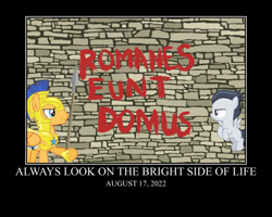 Size: 2064x1651 | Tagged: safe, artist:not-yet-a-brony, flash sentry, rumble, pegasus, pony, g4, 2022, always look on the bright side of life, armor, august, canterlot, colt, flash sentry is not amused, foal, grammar error, latin, looking at each other, looking at someone, lyrics in the description, male, monty python, monty python's life of brian, motivational poster, movie reference, paint, parody, prank, roman, royal guard armor, smug, song reference, spear, stallion, unamused, vincent tong, voice actor joke, weapon, youtube link in the description