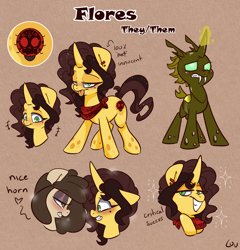 Size: 1508x1572 | Tagged: safe, artist:lou, oc, oc:flores, oc:louvely, changeling, changeling oc, disguise, disguised changeling, reference sheet, yellow changeling