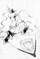 Size: 848x1232 | Tagged: safe, artist:longinius, princess luna, alicorn, pony, g4, clothed ponies, clothes, coat of arms, crest, female, grayscale, horn, horn jewelry, jewelry, lineart, lying down, mare, monochrome, prone, socks, solo, tail, tail wrap, traditional art