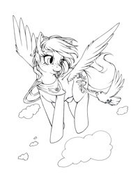 Size: 866x1150 | Tagged: safe, artist:longinius, oc, oc only, bird, pegasus, pony, bandana, female, flying, freckles, grayscale, lineart, mare, monochrome, solo, traditional art
