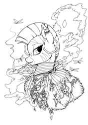 Size: 621x877 | Tagged: safe, artist:longinius, zecora, dragonfly, insect, zebra, g4, bust, ear piercing, earring, feather, female, grayscale, jewelry, lineart, monochrome, piercing, pipe, portrait, potion, smoking, solo, traditional art