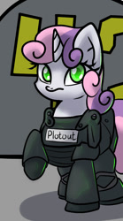 Size: 500x900 | Tagged: safe, artist:slavedemorto, sweetie belle, pony, unicorn, g4, armor, female, filly, foal, horn, looking at you, raised hoof, solo
