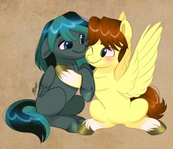 Size: 1448x1253 | Tagged: safe, artist:haruh_ink, pegasus, pony, blushing, cody emmett jameson anderson, duo, duo male and female, female, gwen (total drama), gwody, hug, looking at each other, male, mare, non-mlp shipping, ponified, shipping, stallion, straight, total drama, total drama island