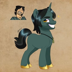 Size: 1200x1200 | Tagged: safe, artist:haruh_ink, human, pony, unicorn, beard, chris mclean, colored hooves, facial hair, gold hooves, looking at you, male, necklace, ponified, smiling, solo, stallion, total drama, total drama island