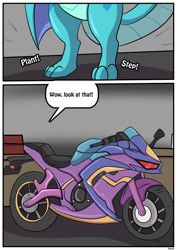 Size: 1280x1811 | Tagged: safe, artist:rex-equinox, part of a set, princess ember, dragon, comic:wheels over wings, g4, comic, commission, landing, motorcycle, speech bubble