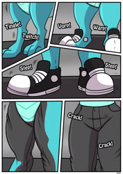 Size: 1280x1811 | Tagged: safe, artist:rex-equinox, part of a set, princess ember, dragon, comic:wheels over wings, g4, clothes, comic, commission, converse, dragon to human, onomatopoeia, pants, shoes, speech bubble, text, transformation, transforming clothes