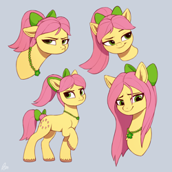 Size: 2000x2000 | Tagged: safe, artist:luminousdazzle, posey bloom, earth pony, pony, g5, my little pony: make your mark, my little pony: tell your tale, adoraposey, bow, bust, cute, doodle, female, frown, green eyes, grumpy, hair bow, high res, jewelry, mane down, mare, necklace, pink mane, ponytail, portrait, raised hoof, reference sheet, simple background, smiling, smug, solo, standing, unshorn fetlocks