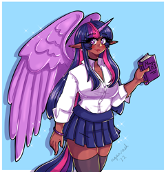 Size: 3024x3143 | Tagged: safe, artist:mylittleyuri, twilight sparkle, alicorn, human, g4, alicorn humanization, book, bracelet, breasts, busty twilight sparkle, clothes, dark skin, ear piercing, earring, elf ears, high res, horn, horned humanization, humanized, jewelry, open clothes, open shirt, piercing, shirt, skirt, solo, stockings, tail, tailed humanization, thigh highs, twilight sparkle (alicorn), winged humanization, zettai ryouiki