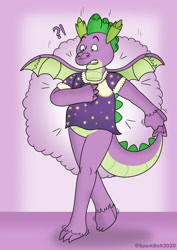 Size: 1024x1449 | Tagged: safe, artist:sparkbolt3020, spike, dragon, g4, clothes, commission, nightgown, plushie, transformation, transformation sequence, transgender transformation