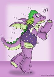 Size: 1024x1449 | Tagged: safe, artist:sparkbolt3020, spike, dragon, g4, clothes, commission, nightgown, plushie, transformation, transformation sequence, transgender transformation