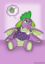 Size: 1024x1449 | Tagged: safe, artist:sparkbolt3020, spike, dragon, g4, clothes, commission, confused, inanimate tf, nightgown, plushie, shocked, shocked expression, thought bubble, transformation, transformation sequence, transgender transformation