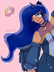 Size: 2100x2800 | Tagged: safe, artist:mylittleyuri, princess luna, human, g4, alicorn humanization, armpits, choker, clothes, crown, dark skin, donut, dress, ear piercing, earring, female, fishing hook, fishing rod, food, high res, hook, horn, horned humanization, humanized, jewelry, licking, licking lips, piercing, pink background, regalia, simple background, solo, tongue out, winged humanization