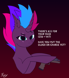 Size: 1920x2160 | Tagged: safe, artist:kainy, oc, oc only, oc:tempest revenant, pony, unicorn, counter-strike: global offensive, curved horn, female, glock 17, horn, looking at you, mare, meme, not tempest shadow, scar, simple background, solo, text, weapon