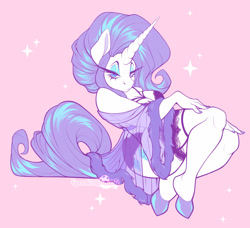 Size: 1280x1169 | Tagged: safe, artist:spookieghoulie, artist:spookielee, rarity, unicorn, anthro, unguligrade anthro, g4, big ears, big eyelashes, big hair, big horn, bra, breasts, clothes, female, garter belt, horn, lidded eyes, lingerie, looking at you, panties, pink background, pinup, robe, see-through, simple background, socks, solo, stockings, thigh highs, thighs, underwear