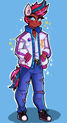 Size: 1335x2445 | Tagged: safe, artist:mylittleyuri, zipp storm, human, g5, adorazipp, belt, bisexual pride flag, clothes, converse, cute, dark skin, ear piercing, eared humanization, earring, female, humanized, jacket, jeans, jewelry, pants, piercing, pride, pride flag, ripped jeans, ripped pants, shirt, shoes, solo, t-shirt, tail, tailed humanization, torn clothes, trans female, trans zipp, transgender, transgender pride flag