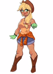 Size: 1750x2450 | Tagged: safe, artist:mylittleyuri, applejack, human, g4, applejack's hat, boots, clothes, cowboy boots, cowboy hat, denim, denim shorts, female, flannel, freckles, gloves, hat, humanized, open mouth, pointing, pointing at you, shoes, shorts, simple background, solo, tan lines, tank top, tanned, white background