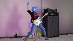 Size: 3840x2160 | Tagged: safe, artist:coolc, trixie, anthro, g4, 3d, amplifier, beer bottle, bottle, breasts, cable, electric guitar, female, fender stratocaster, guitar, guitar amp, guitar cabinet, high res, musical instrument, skateboard, solo, source filmmaker, stratocaster