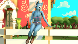Size: 3840x2160 | Tagged: safe, artist:coolc, trixie, anthro, g4, 3d, belly button, breasts, female, fence, high res, midriff, solo, source filmmaker