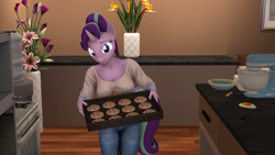 Size: 3840x2160 | Tagged: safe, artist:coolc, starlight glimmer, unicorn, anthro, g4, 3d, baking sheet, bowl, breasts, clothes, cookie, denim, egg, female, flower, food, high res, jeans, kitchen, mixing bowl, pants, source filmmaker, stove