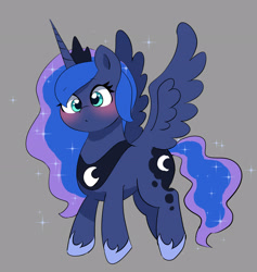 Size: 2732x2876 | Tagged: safe, artist:leo19969525, princess luna, alicorn, pony, blushing, crown, cute, cyan eyes, female, flying, gray background, horn, jewelry, lunabetes, mane, mare, regalia, simple background, solo, spread wings, tail, wings