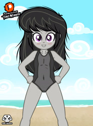 Size: 1920x2600 | Tagged: safe, artist:theminus, octavia melody, human, equestria girls, g4, beach, clothes, female, hand on hip, one-piece swimsuit, show accurate, solo, swimsuit, younger