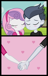 Size: 1096x1729 | Tagged: safe, artist:lunaticdawn, rumble, sweetie belle, human, equestria girls, g4, blushing, equestria girls-ified, eyes closed, female, holding hands, imminent kissing, male, ship:rumbelle, shipping, straight