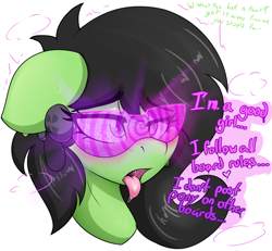 Size: 2904x2688 | Tagged: safe, artist:czu, oc, oc only, oc:filly anon, earth pony, pony, ahegao, blushing, brainwashing, drool, earbuds, faget, female, filly, high res, hypnogear, hypnosis, hypnotized, open mouth, solo, sweat, tongue out, visor