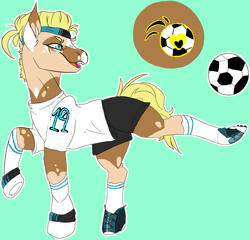 Size: 841x807 | Tagged: safe, artist:bluemoondiadoom, oc, oc:trick-shot, earth pony, pony, blue background, clothes, female, football, headband, mare, markings, open mouth, raised hoof, raised leg, shirt, shoes, shorts, simple background, socks, solo, sports, sports shorts, sweatband, t-shirt