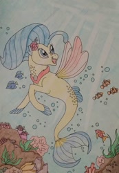 Size: 838x1214 | Tagged: safe, artist:iistarshineii, princess skystar, fish, seapony (g4), g4, my little pony: the movie, blue mane, bubble, coral, crepuscular rays, cute, dorsal fin, female, fin wings, fins, fish tail, flower, flower in hair, flowing tail, freckles, jewelry, looking up, necklace, ocean, open mouth, open smile, pearl necklace, scales, seashell, seaweed, smiling, solo, sunlight, swimming, tail, traditional art, underwater, water, wings