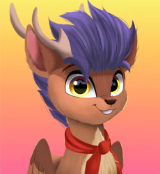 Size: 1280x1392 | Tagged: safe, artist:joaothejohn, oc, oc only, oc:arny, deer, deer pony, original species, peryton, chest fluff, clothes, cute, deer oc, fur, horn, looking at you, non-pony oc, scarf, simple background, smiling, wings