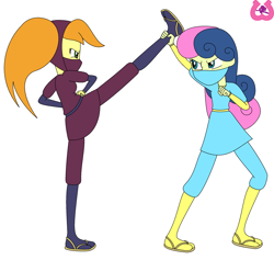 Size: 2214x2097 | Tagged: safe, artist:author92, bon bon, sweetie drops, oc, oc:joule, human, equestria girls, angry, clothes, fight, holding, kung fu, ninja, sandals, simple background, suit, white background