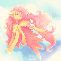 Size: 3500x3500 | Tagged: safe, artist:yumkandie, fluttershy, pegasus, pony, g4, alternate design, chest fluff, cloud, colored wings, cute, cute little fangs, ear fluff, eyes closed, fangs, female, floppy ears, flying, freckles, high res, mare, rain, shyabetes, smiling, solo, spread wings, two toned wings, unshorn fetlocks, wings