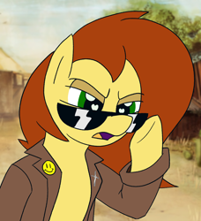 Size: 1810x1988 | Tagged: safe, artist:legendoflink, oc, oc only, oc:postal mare, earth pony, pony, clothes, coat, earth pony oc, female, frown, heart, heart eyes, mare, meme, open mouth, pins, postal, postal 2, raised hoof, redraw, solo, squint, sunglasses, trenchcoat, wingding eyes