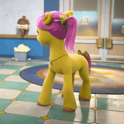 Size: 480x480 | Tagged: safe, screencap, posey bloom, earth pony, pony, g5, my little pony: make your mark, my little pony: make your mark chapter 1, spoiler:my little pony: make your mark, animated, bin, cropped, female, gif, i watch it for the ears, mare, ponytail, posey bloom is not amused, solo, unamused