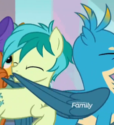 Size: 638x702 | Tagged: safe, screencap, citrine spark, gallus, peppermint goldylinks, sandbar, earth pony, griffon, pony, g4, school daze, cropped, discovery family, discovery family logo, eyes closed, friendship student, logo, out of context