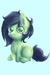 Size: 4000x6000 | Tagged: safe, artist:coco-drillo, oc, oc:anon, oc:filly anon, earth pony, pony, absurd resolution, blushing, chest fluff, ear fluff, earth pony oc, female, filly, foal, light blue background, looking at you, messy mane, signature, simple background, sitting, solo