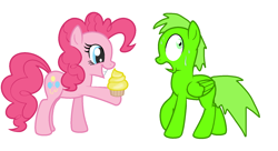 Size: 1648x896 | Tagged: safe, artist:poppyraps, pinkie pie, oc, oc:filbert, earth pony, pegasus, pony, g4, cupcake, female, food, implied cupcakes, male, mare, scared, shocked, simple background, smiling, stallion, sweat, white background, wings