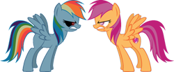 Size: 1024x420 | Tagged: safe, artist:lostoneslullaby, rainbow dash, scootaloo, pegasus, pony, fanfic:pegasus device, g4, angry, colored pupils, female, gritted teeth, mare, multicolored hair, older, older scootaloo, rainbow hair, simple background, spread wings, teeth, the cmc's cutie marks, transparent background, wings, zalgo