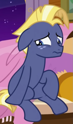 Size: 419x708 | Tagged: safe, screencap, star tracker, earth pony, pony, g4, once upon a zeppelin, cropped, cute, floppy ears, nervous, sitting, solo, trackerbetes