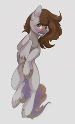 Size: 1314x2160 | Tagged: safe, artist:lissa_lim, oc, oc only, oc:cj vampire, earth pony, pony, blushing, brown mane, brown tail, green eyes, heterochromia, jumping, looking at you, smiling, smiling at you, solo, tail