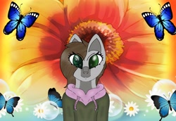 Size: 3340x2304 | Tagged: safe, artist:darkshade, oc, oc:cj vampire, butterfly, earth pony, pony, anthro, clothes, flower, high res, hoodie, jacket, looking at you, smiling, smiling at you